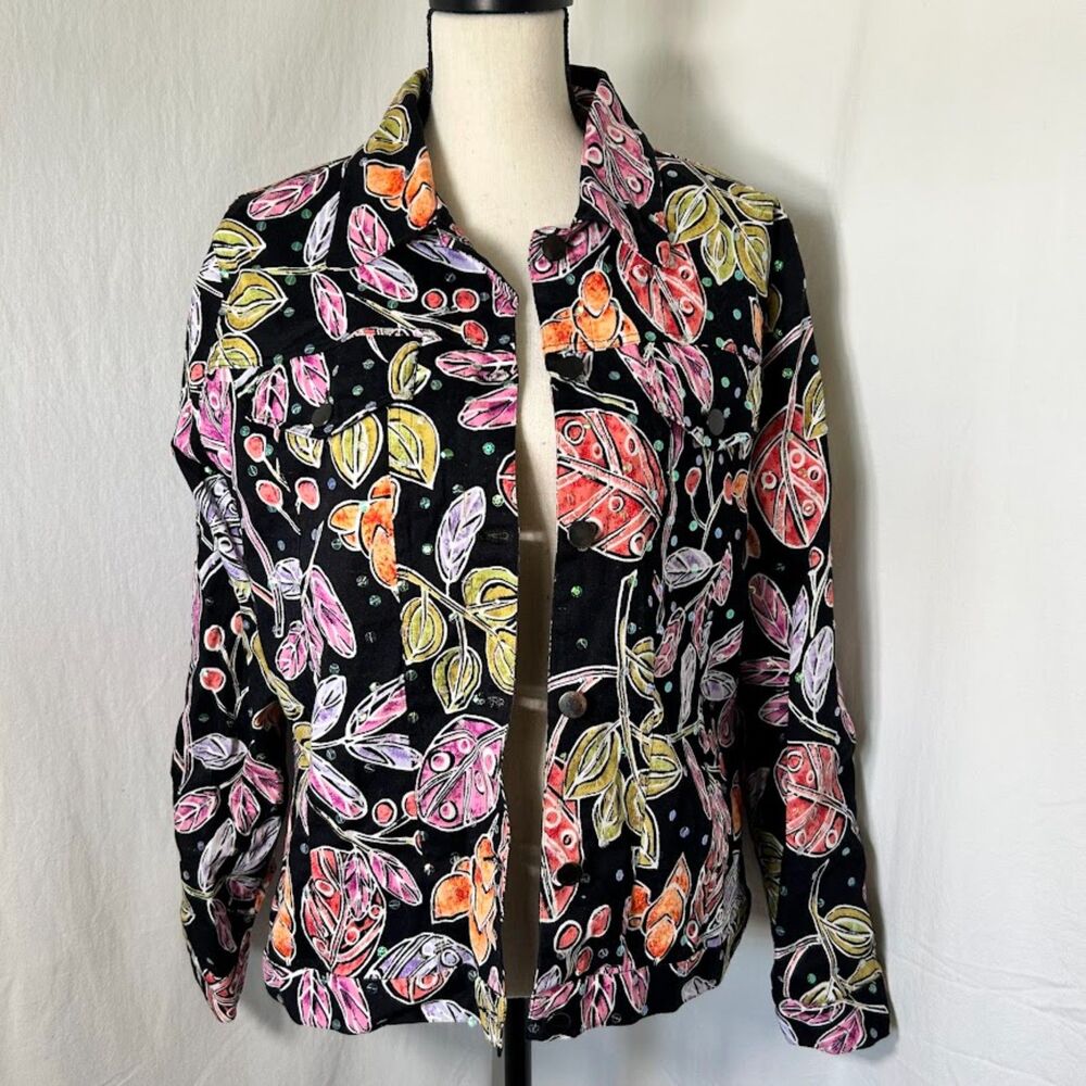 Vintage Sequin 90s Jacket Floral Black Denim Stretch Cotton REDD Jeans Size 12